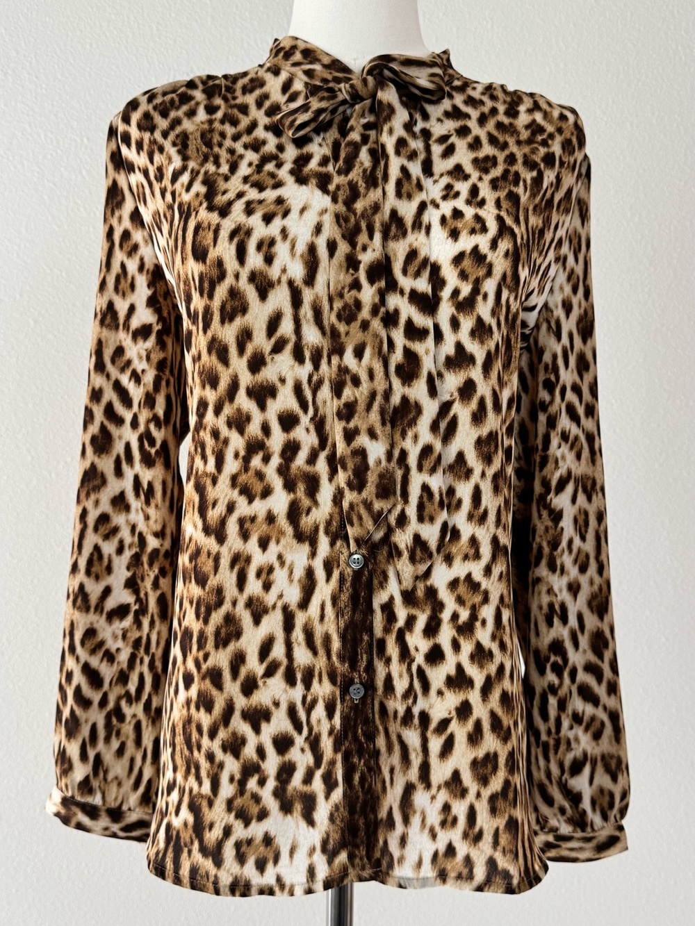 NWT J. Crew Leopard Print Tie Neck Blouse SemiSheer Button Front Top Size Medium